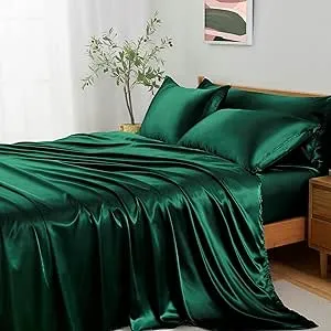 Entisn 5Pcs Silky Satin Sheets Set, King Size Satin Bed Sheets Set, Blackish Green Luxury Bedding Sets, Breathable & Ultra Soft Sheets Set Includes 1 Fitted Sheet, 1 Flat Sheet, 3 Pillowcases