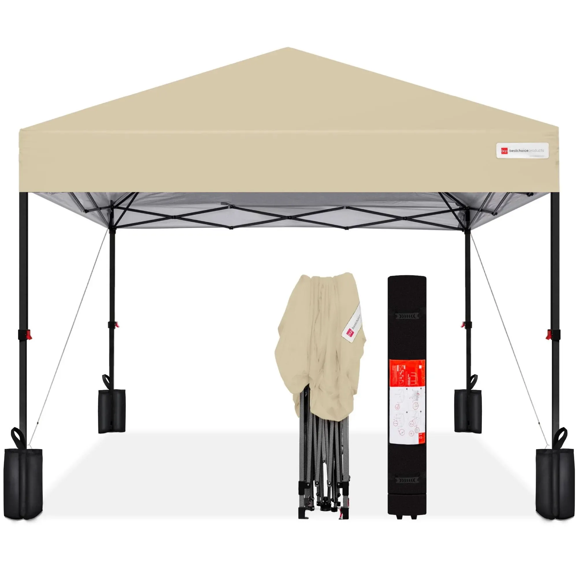 Best Choice Products 8x8ft Easy Setup Pop Up Canopy w/ 1-Button Setup, Wheeled Case, 4 Weight Bags - Sand