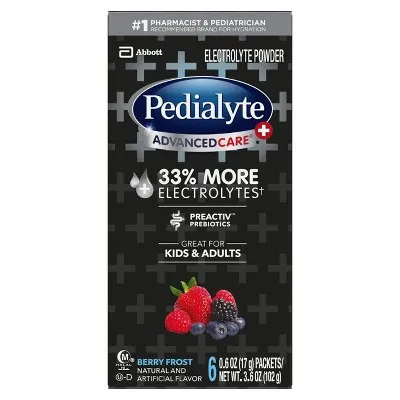 Pedialyte AdvancedCare Plus Electrolyte Powder, with 33% More Electrolytes and PreActiv Prebiotics, Berry Frost, Electrolyte Drink Powder Packets, 0.6 oz, 6 Count