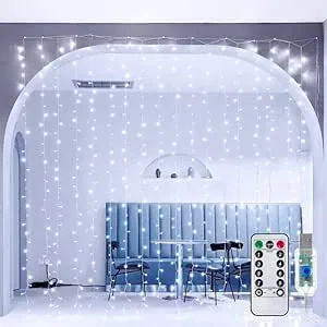 Ollny 300 LED 9.8ft*9.8ft Cool White Christmas Curtain Lights (Clear Cable, USB, 8 Modes)