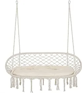 Outsunny 2-Person Hammock Chair Macrame Swing with Soft Cushion, Hanging Cotton Rope Chair for Indoor Outdoor Home Patio Backyard, Grey