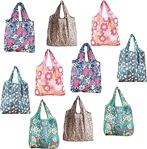 10 Pack Reusable Grocery Bags,50LBS Fashion Washable Bag Foldable with Pouch Cute Flower Durable Shopping Totes for Foods Groceries