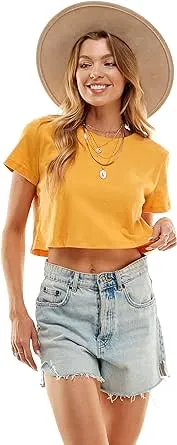 Women's Boxy Crop Top Round Neck Short Sleeve Casual 100% Cotton Cropped Tee T-Shirt