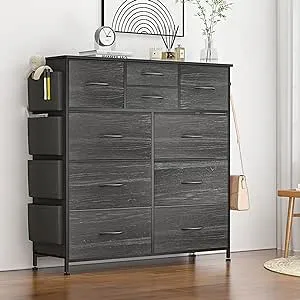 Dresser for Bedroom with 10 Drawers, Fabric Storage Tower with Side Pockets, Tall Chest of Drawers for Hallway, Closets (Black Wood Veins)