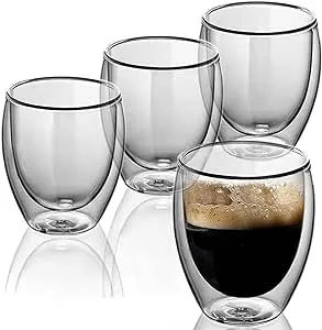 BNUNWISH Clear Coffee Mugs Set of 4-12 OZ, Insulated Double Wall Glass Tea Cups For Americano, Latte, Cappuccinos and Beverage