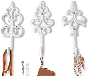 Shabby Chic Decorative Wall Hooks - Set of 3 - Cast Iron French Country Wall Decor - Farmhouse Hangers for Coats, Purses and More - Pure White