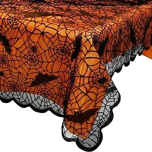 OurWarm Halloween Tablecloth, Rectangular Polyester Lace Tablecloth Black Spider Web Tablecover for Scary Movie Nights Halloween Table Decorations, 60 x 84 Inch