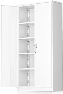 Greenvelly Metal Garage Storage Cabinet, White Steel Lockable Cabinet with 2 Doors and 4 Adjustable Shelves,Utility Metal Filing Cabinet with Lock for Home Office, Garage, Pantry, Kitchen