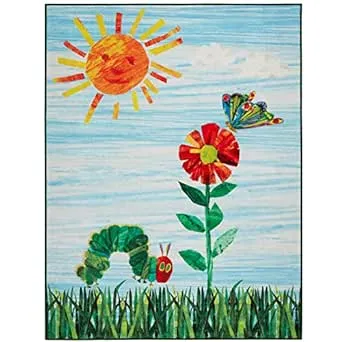 Eric Carle "The Very Hungry Caterpillar Elementary Sun Scene Kids Machine Washable Area Rug, Blue/Green, 4'11"x6'6"