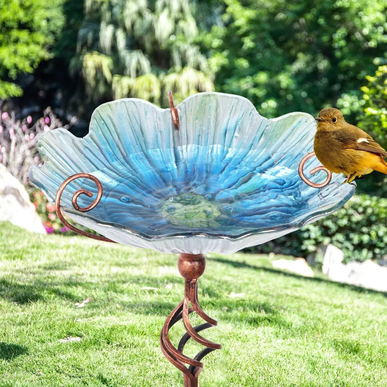  31 Inch Height Glass Birdbath Birdfeeder with Metal Stake Garden Yard Blue