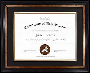 Golden State Art, 11x14 Frame for 8.5x11 Diploma/Certificate, Sawtooth Hangers for Wall Mounting with Real Glass, Black Gold & Burgundy Molding (Black/Gold Double Mat)