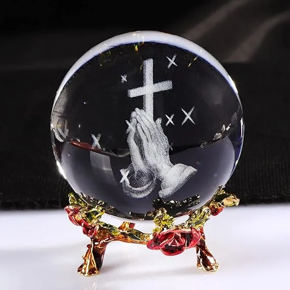 60MM Crystal Ball Engraved 3D Hand Holding A Cross Figurine with Rose Stand Praying Religious Gifts for Women, Christian Gifts for Friend Glass Paperweight Home Decorations (2.36 in.)