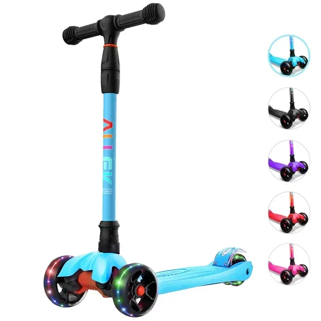 Allek Kick Scooter B02, Lean 'N Glide Scooter with Extra Wide PU Light-Up Wheels and 4 Adjustable Heights for Children From, Aqua