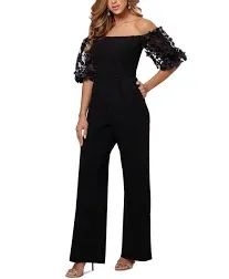 Xscape Petites Womens Floral Applique Off-The-Shoulder Jumpsuit, Black