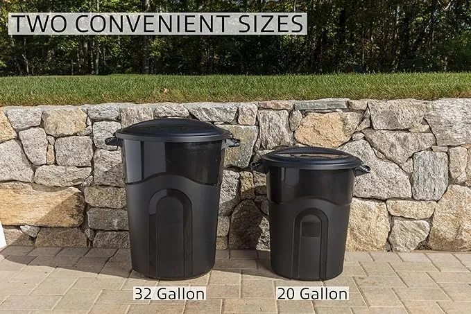 United Solutions 32 Gallon Outdoor Garbage Can, Black, Easy to Carry Garbage Can with Sturdy Construction, Pass-Through Handles & Attachable Click Lock Lid, Indoor or Outdoor Use, (Pack of 2)