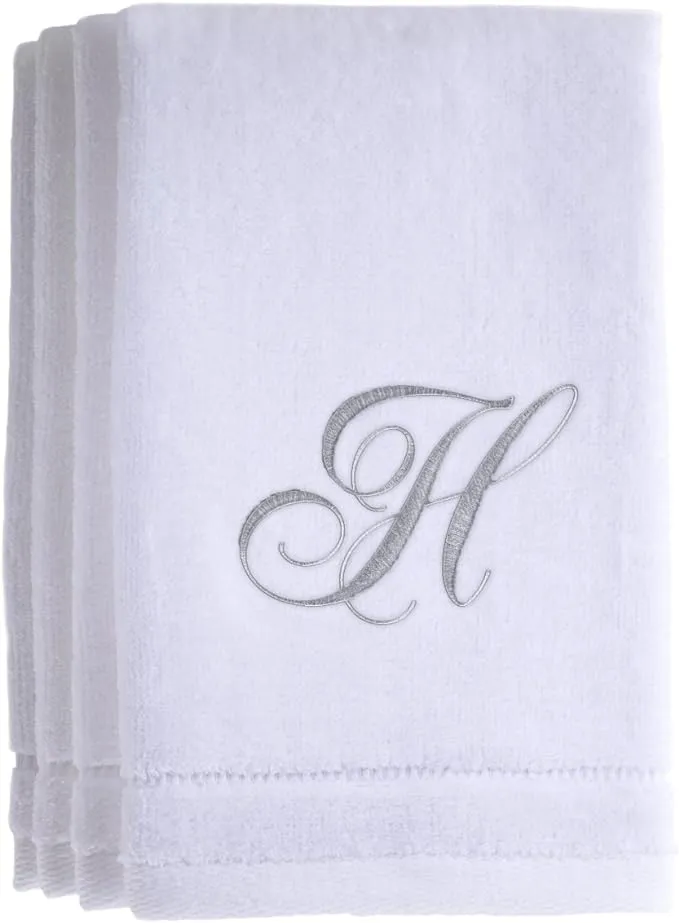 Monogrammed Towels Fingertip, Personalized Gift, 11 x 18 Inches - Set of 4- Silver Embroidered Towel - Extra Absorbent 100% Cotton- Soft Velour Finish - For Bathroom/ Kitchen/ Spa- Initial H (White)