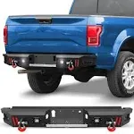 POFENZE F150 Rear Bumper w/D-Rings, LED Lights, Sensor Holes, Stainless Steel Step Plate, Back Bumper for Ford F150 2015 2016 2017 2018 2019 2020