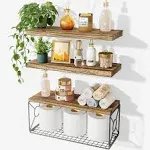 Amada Bathroom Shelves Over Toilet, Floating Bathroom Wall Shelves with Storage Basket, Paulownia Wood Wall Décor Shelves for Bathroom, Living Room, Bedroom, Kitchen, Set of 3 (Rustic Wood)