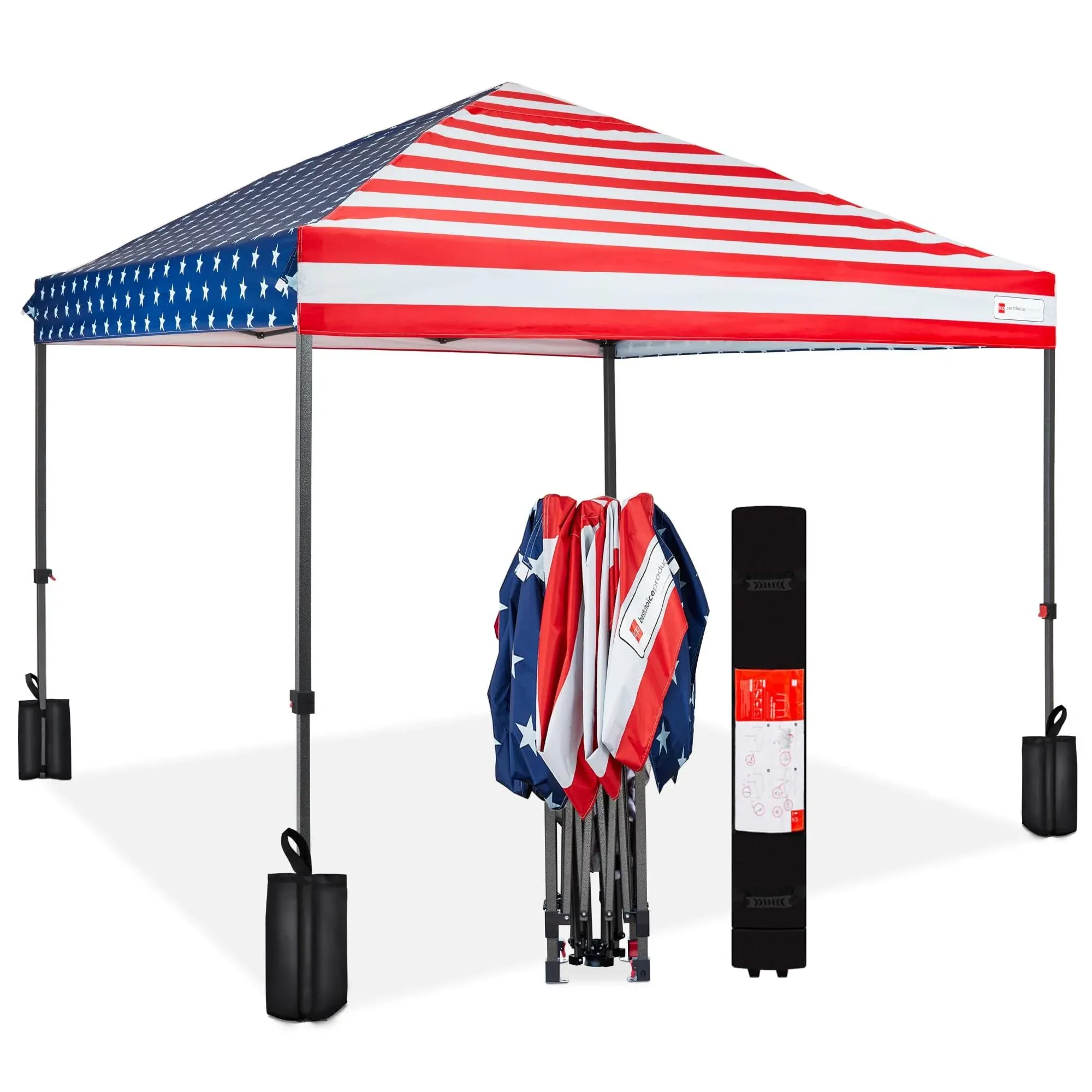 Best Choice Products 8x8ft Easy Setup Pop Up Canopy w/ 1-Button Setup, Wheeled Case, 4 Weight Bags - American Flag