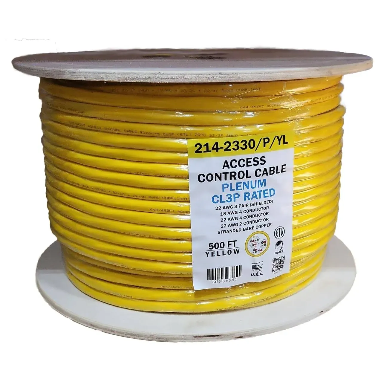 Vertical Cable Access Control Cable Plenum: 22AWG/3 Pair Shielded + 18AWG/4 Conductor + 22AWG/4 Conductor + 22AWG/2 Conductor, Stranded Bare Copper Conductors, 500ft Spool, Yellow