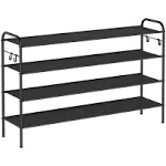 SONGMICS 44.9" Wide 3-Tier Fabric Shoe Rack with 4 Hooks Ink Black