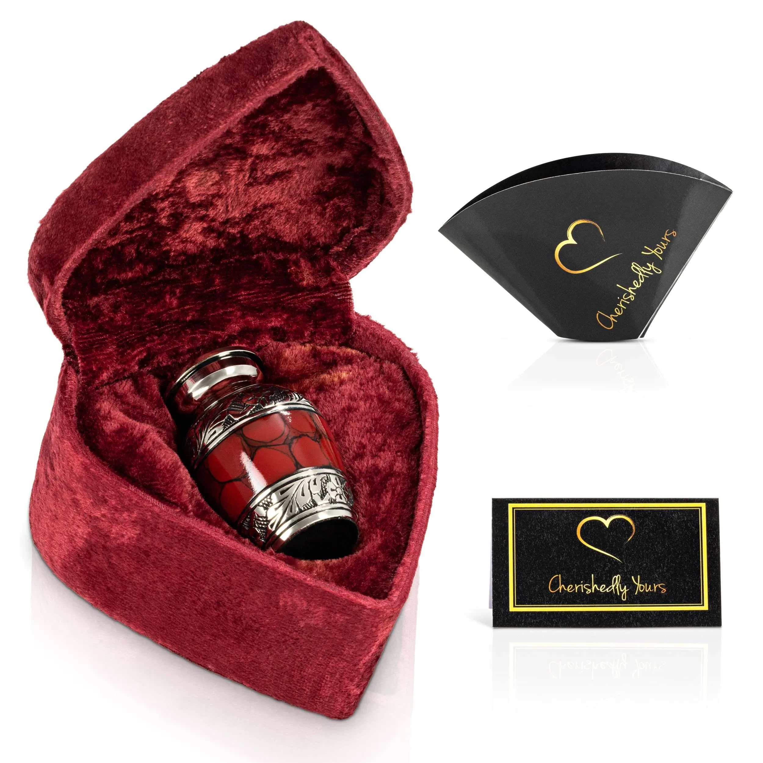 Small Keepsake Cremation Urns for Human Ashes with Velvet Heart Case and Funnel - Crimson : Deep Red Brass Hand Engraved Mini Memorial Urn