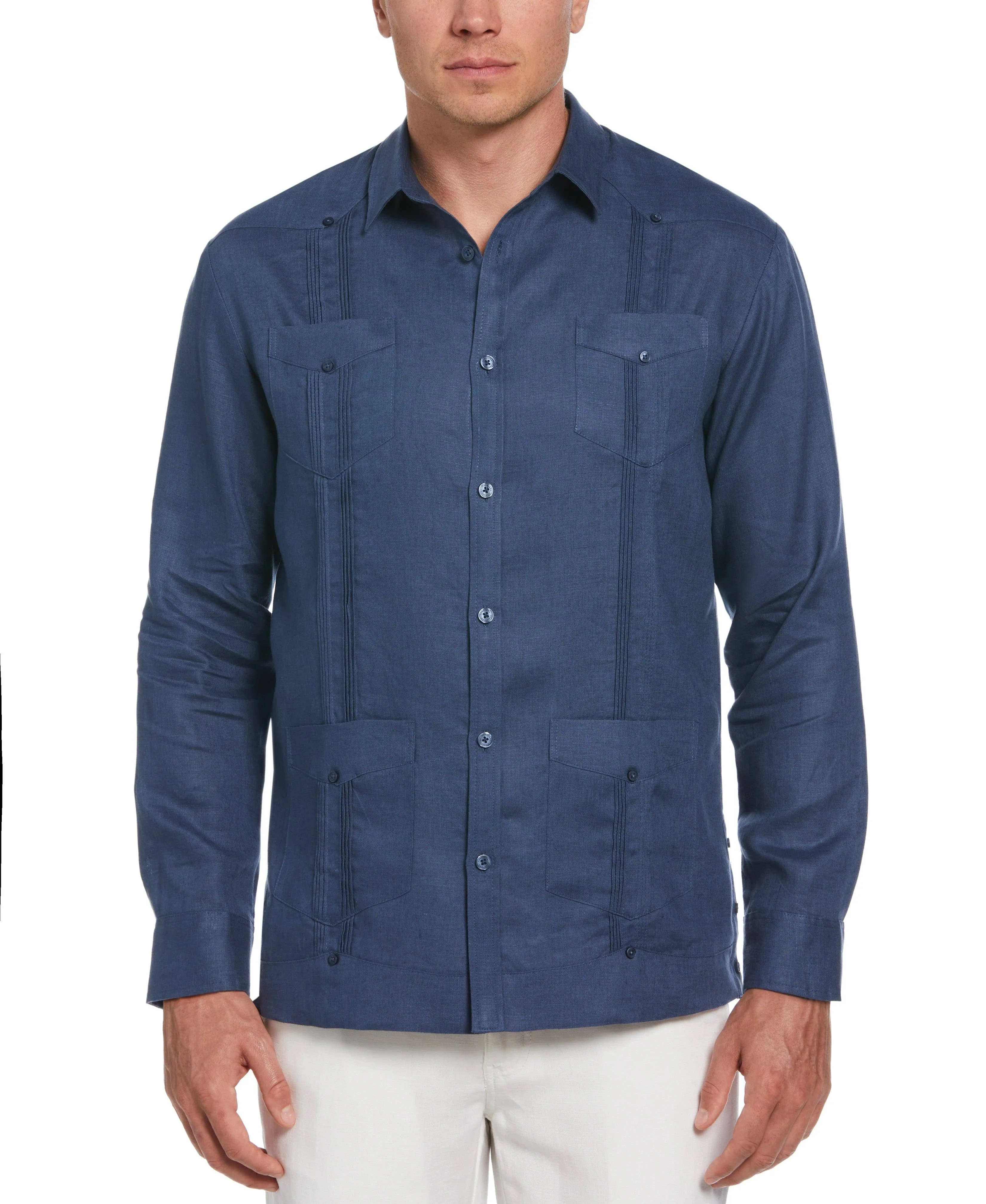 Cubavera Men's 100% Linen Long Sleeve 4 Pocket Guayabera Shirt - Ensign Blue - Size 2XL