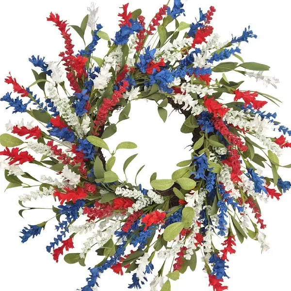 18 Inch Patriotic Day Wreath for Front Door, Red Blue White Flowers Green 