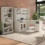 Bush Furniture Cabot 60W L Shaped Computer Desk with Hutch and 5 Shelf Bookcase in Linen White Oak