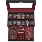 Lockable Watch Box with Glass Lid Black + Wine Red / 12 Slot