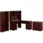 Bush Furniture - Cabot L Shaped Desk with Hutch, Lateral File Cabinet and 5 Shelf Bookcase in Harvest Cherry - CAB010HVC