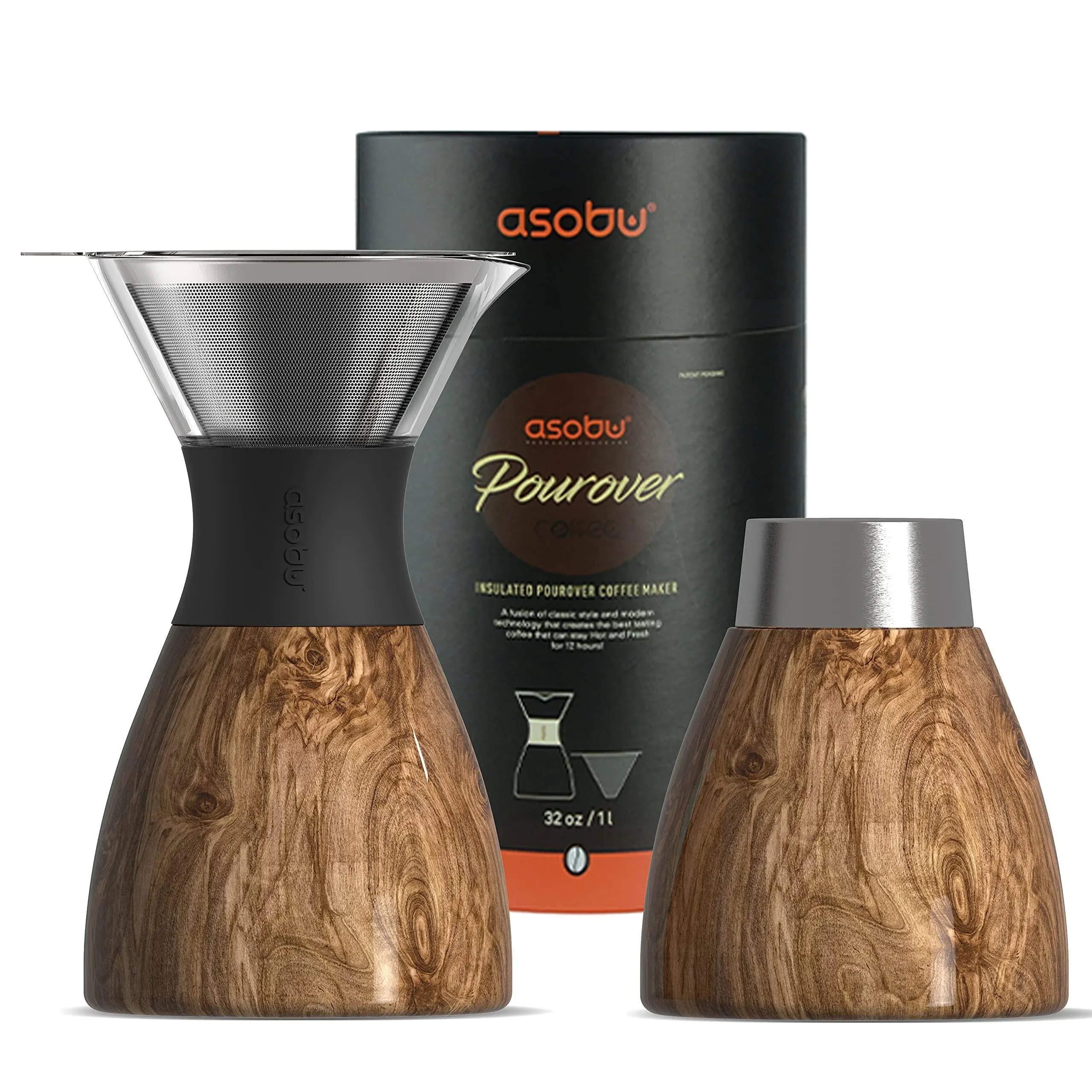 Asobu Insulated Pour Over Coffee Maker 32 oz. Double-Wall Vacuum Stainless-Steel Filter and Take On The Go Carafe Wood