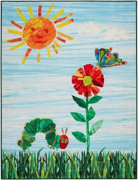 Eric Carle The Very Hungry Caterpillar Elementary Sun Scene Kids Machine Washable Area Rug, Blue/Green, 35"x51"