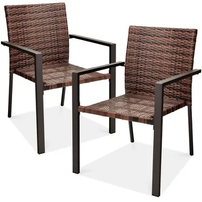 Best Choice Products Set of 2 Wicker Chairs, Stackable Outdoor Dining Furniture w/ Armrests