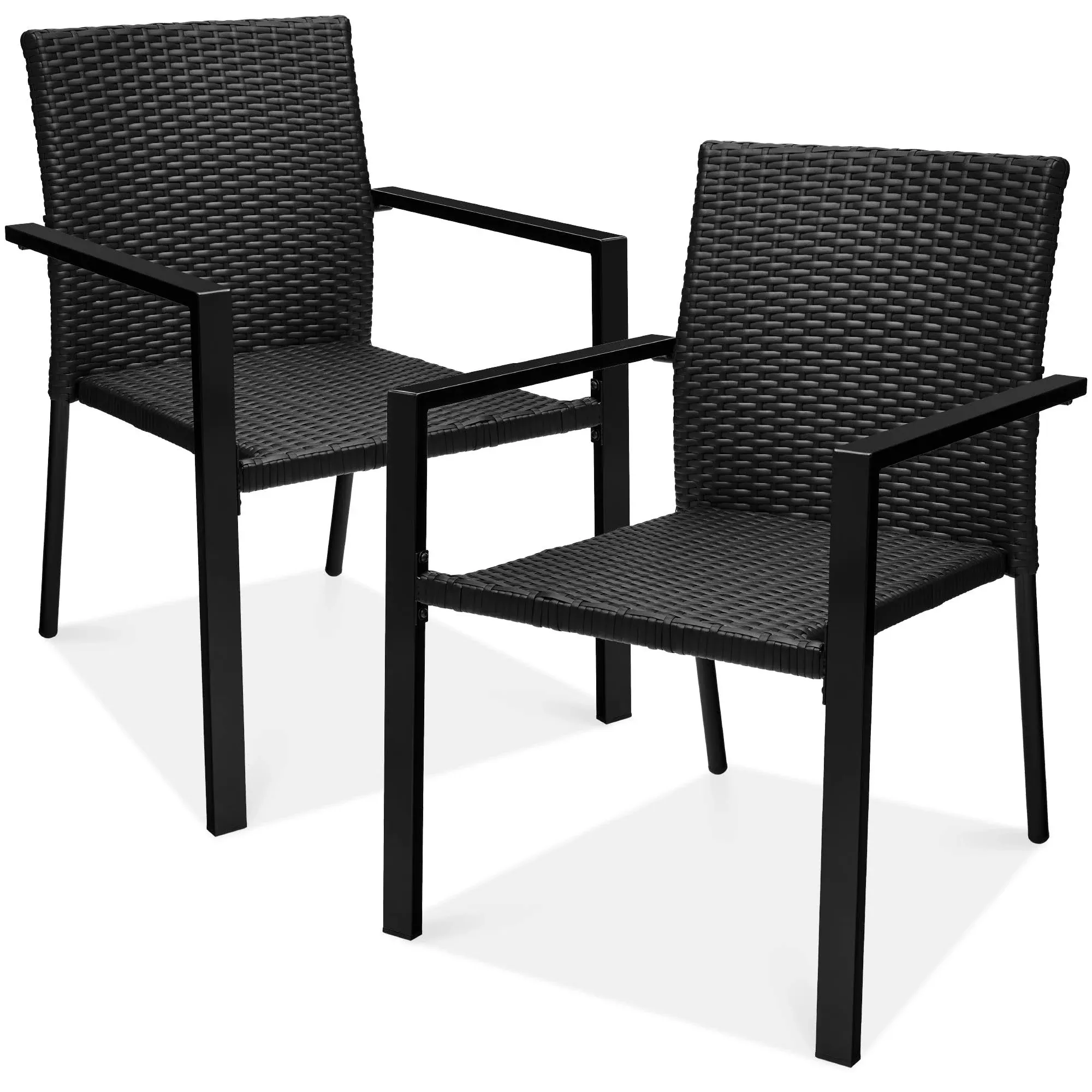 Best Choice Products Set of 2 Wicker Chairs, Stackable Outdoor Dining Furniture w/ Armrests - Black