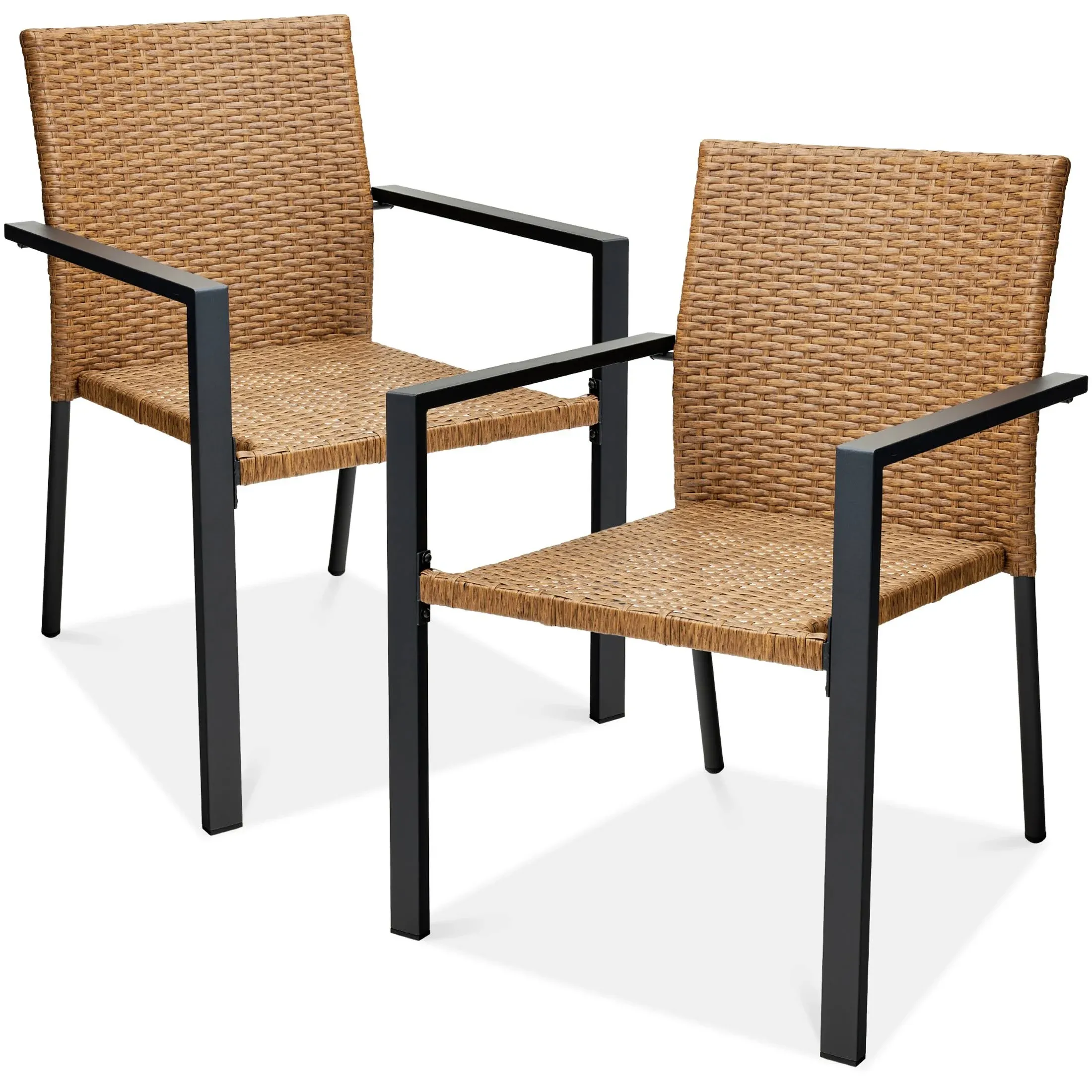 Best Choice Products Set of 2 Wicker Chairs, Stackable Outdoor Dining Furniture w/ Armrests - Natural