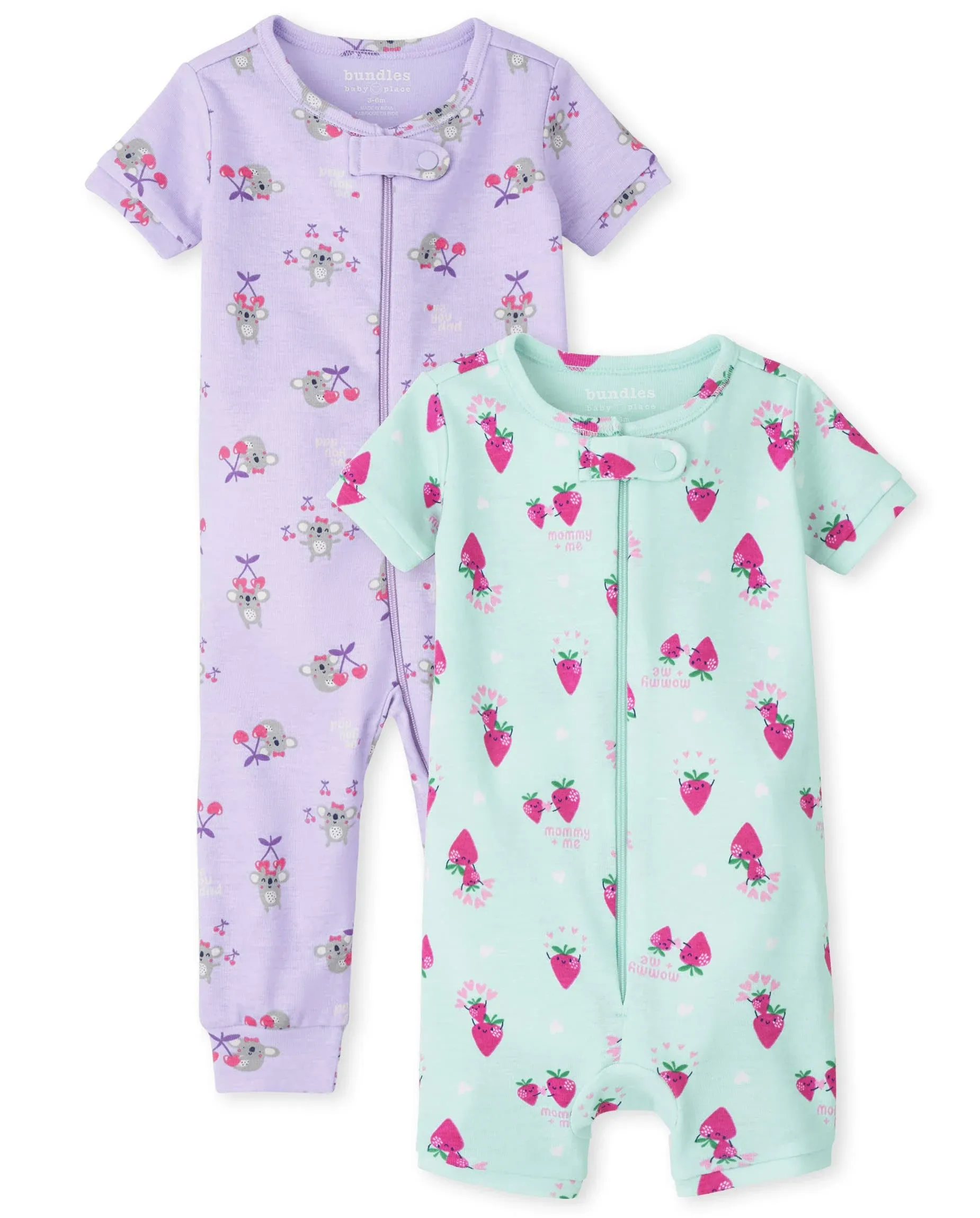 The Children's Place Baby Girls' Koala Strawberry Snug Fit Cotton Zip Front One Piece Pajama 2 Pack