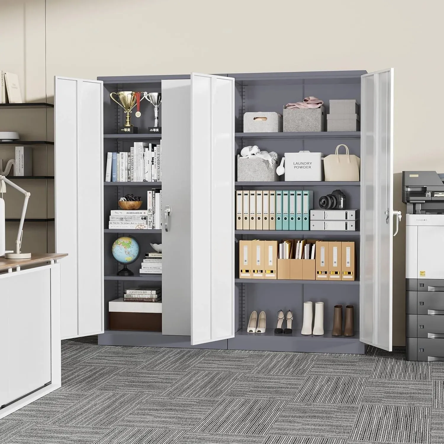 71 inch Metal Garage Storage Cabinet with Locking Doors and Adjustable Shelves - Grey White