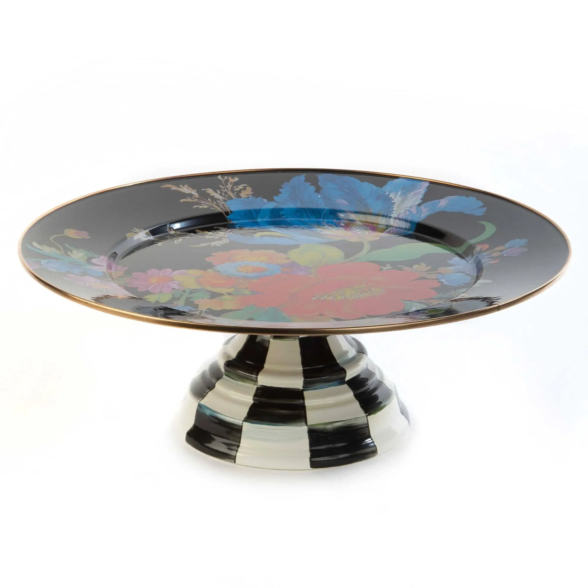 MACKENZIE-CHILDS Enamel Pedestal Platter, Round Cake Stand, Large, Black Flower Market