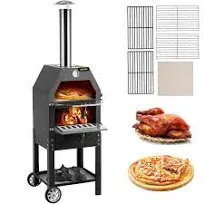 Outdoor Wood Fired Pizza Oven with Removable Wheels - 12-inch 2-Layer Oven for Barbecue - Max Temp 900℉ - Perfect for Backyard Parties and Family Gatherings