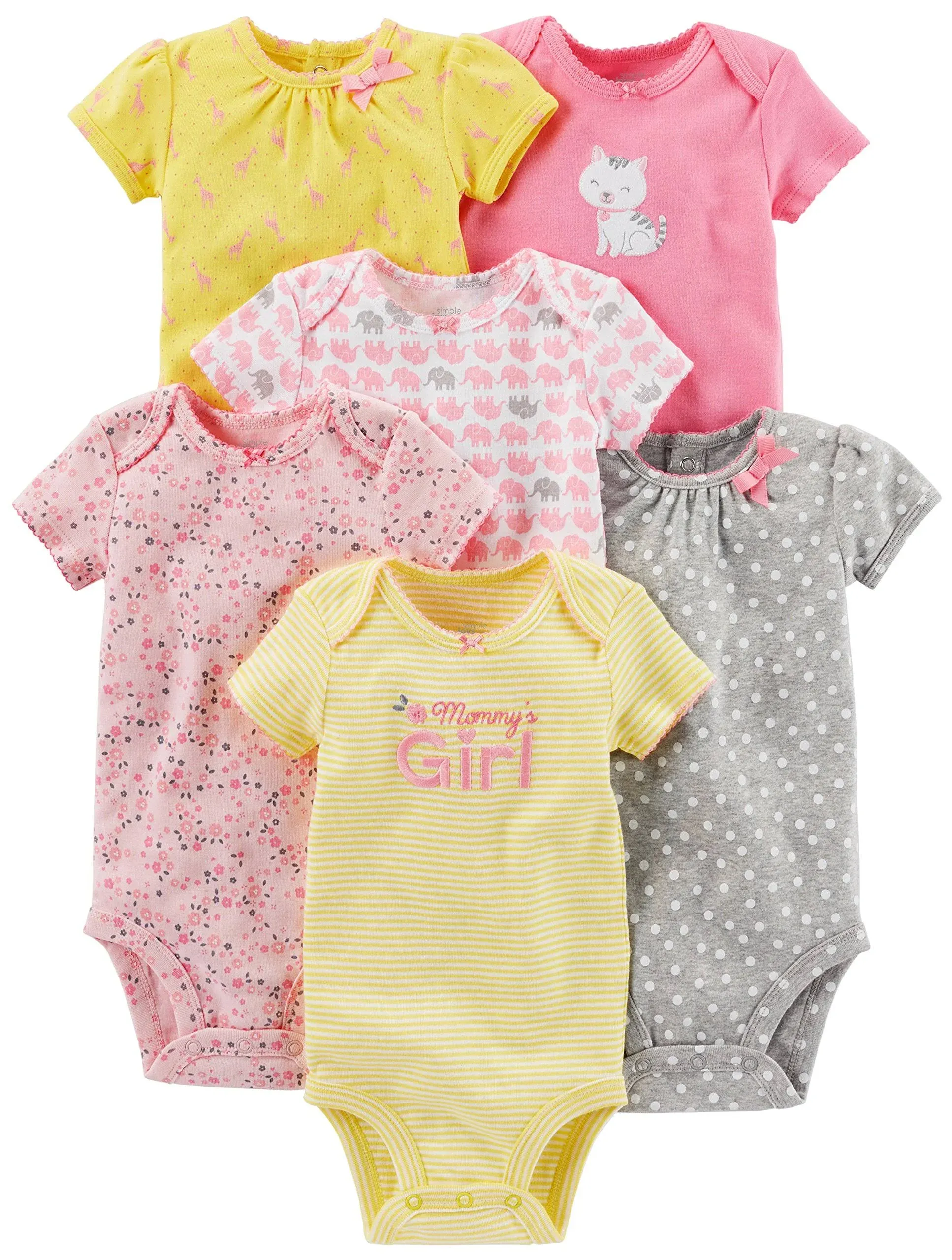 Simple Joys by Carter's Baby Girls' 6-Pack Short-Sleeve Bodysuit, Pink/Yellow, Preemie