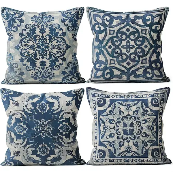 M-qizi Blue Throw Pillow Covers Linen Blue Pillow Covers 18x18 Set of 4, Decorative Blue and White Pillow Covers