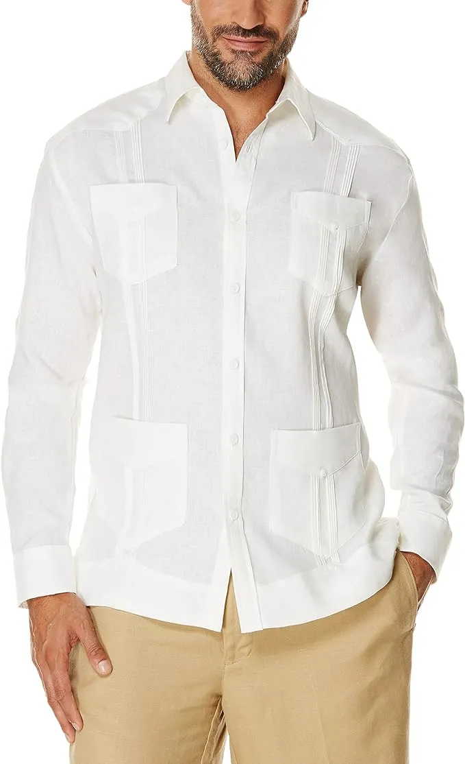 Cubavera Men's 100% Linen Long Sleeve Guayabera Shirt with Four Pockets, Camp Collar, Pintuck Detail, Lightweight Relaxed Fit