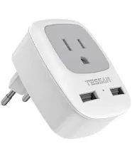 TESSAN European Power Adaptor 2 USB European Travel Plug Adapter 3 Pack