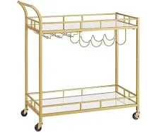 Bar Cart Gold, Home Bar Serving Cart Cart with 2 Mirrored Shelves, Wine Holders,