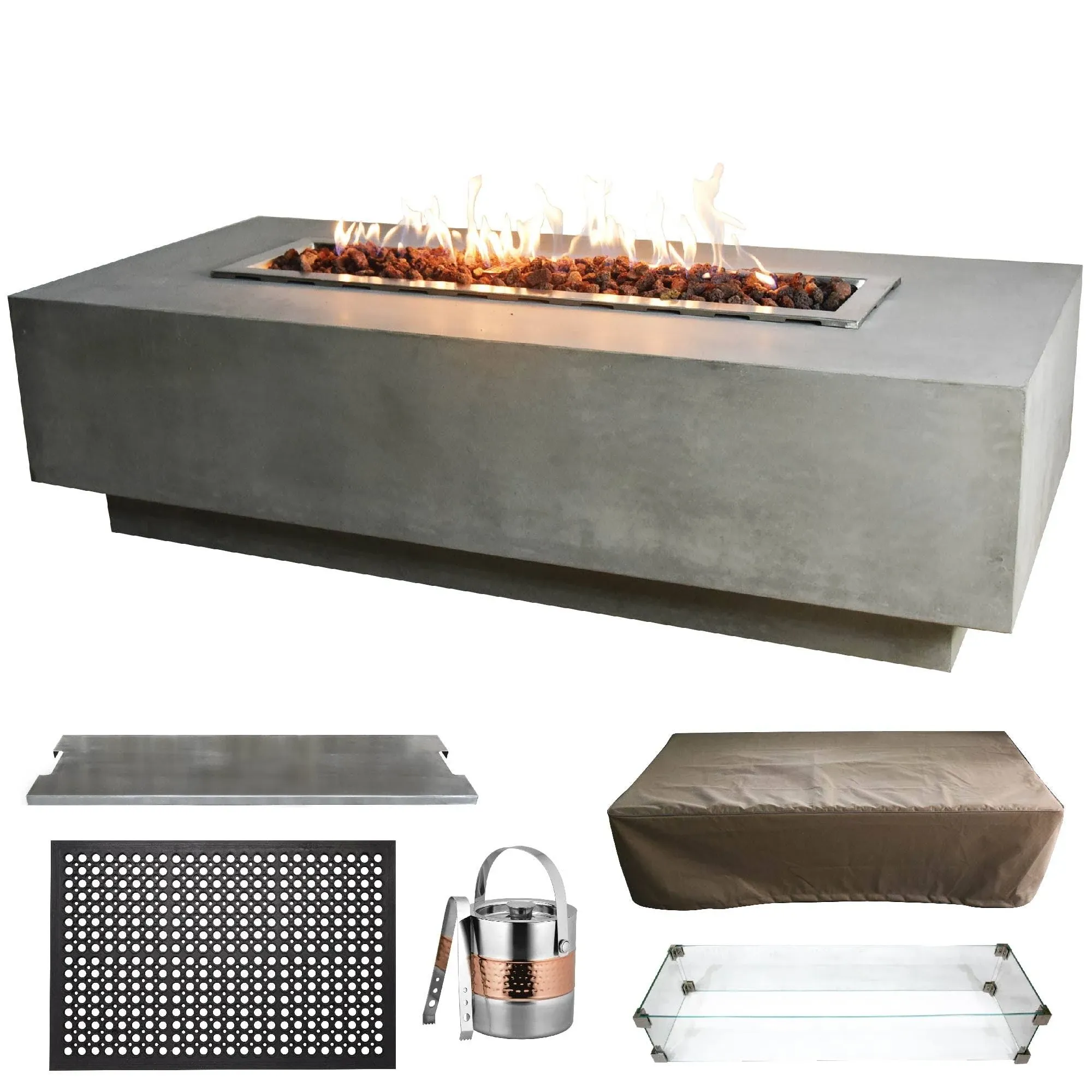 Granville Fire Pit Bundle Outdoor Firepit Set Includes 60 Natural Gas Concrete Firepit Table, Glass Windscreen, Stainless Steel Cover, Canvas Cover, Floor Mat, Ice Bucket