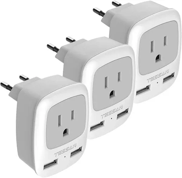 TESSAN European Power Adaptor 2 USB European Travel Plug Adapter 3 Pack