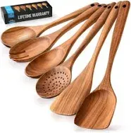 Zulay Kitchen 6-Piece Wooden Spoons for Cooking - Smooth Finish Teak Wooden Utensils for Cooking - Soft Comfort-Grip Wood Spoons for Cooking