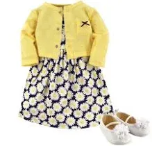 Hudson Baby Baby Girl Cotton Dress, Cardigan and Shoe 3pc Set