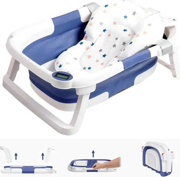 Collapsible Baby Bathtub,Baby Bath Tub with Soft Cushion &amp; Blue